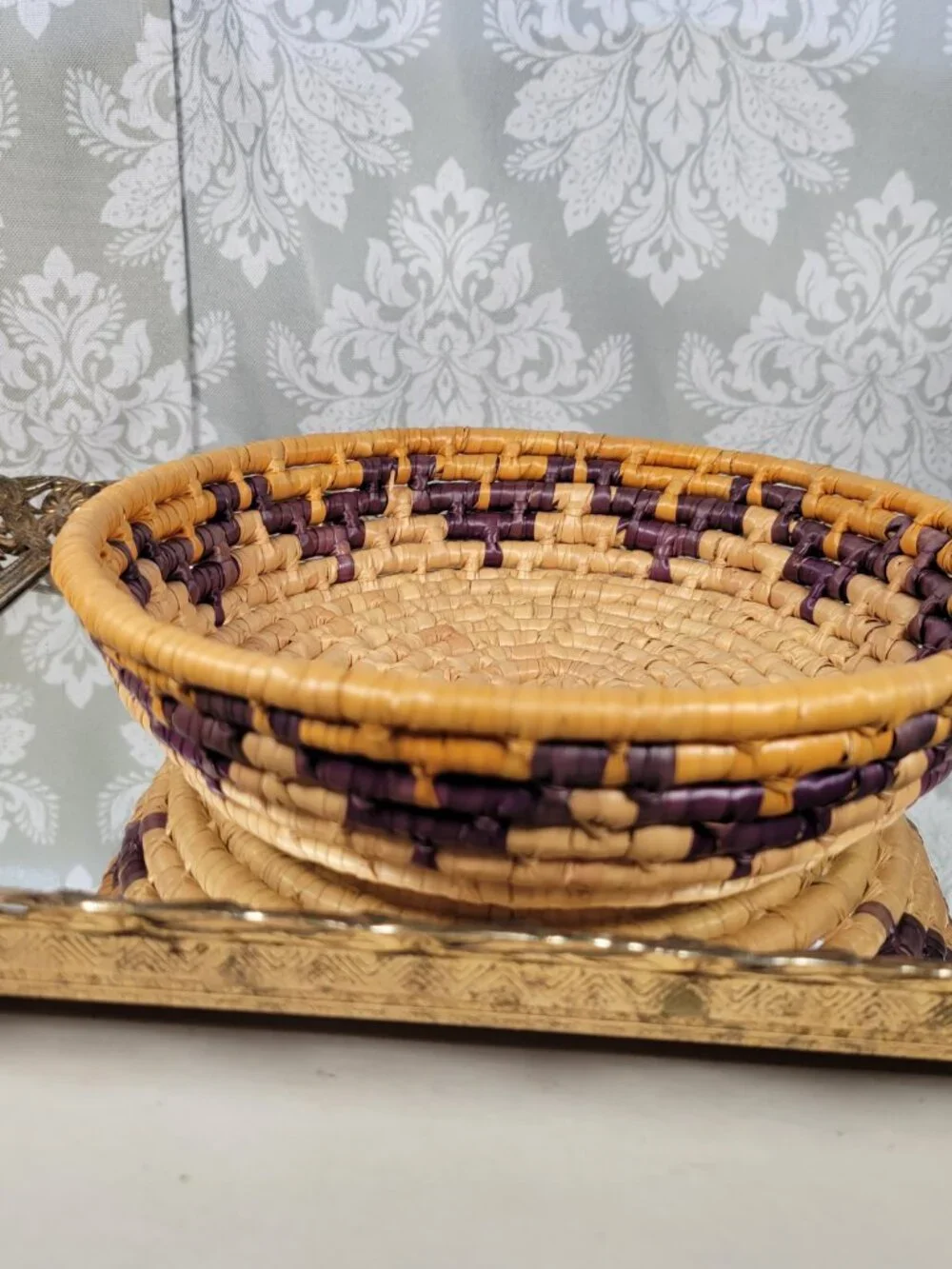 Vintage Open Coil Braided Woven Basket Southwestern Boho Steps Pattern Indigo Ye